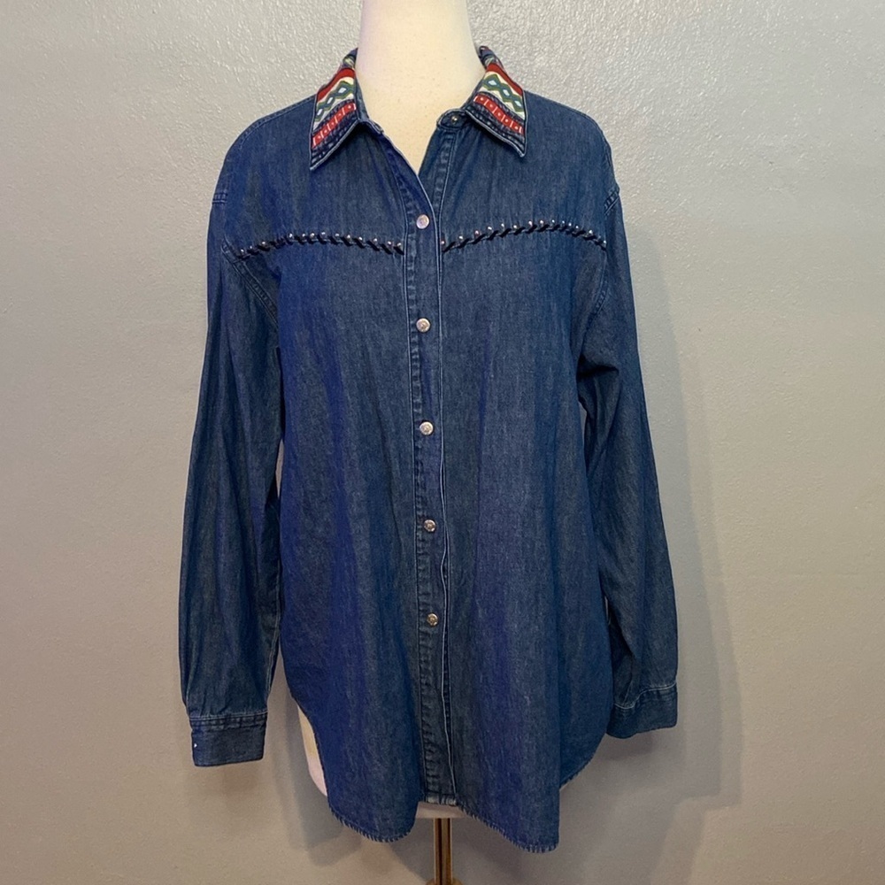 Susan Bristol Long Sleeve Denim Shirt Snap Front Sequin Accents Blue Large